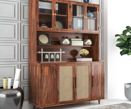 Solid Wood Sheesham Crockery Unit with Rattan